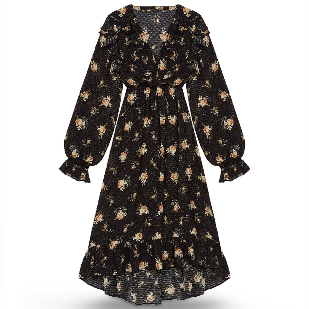 Maje Rider Midi Print on Black Floral Textured Dress Euro Size 36 - Picture 10 of 12